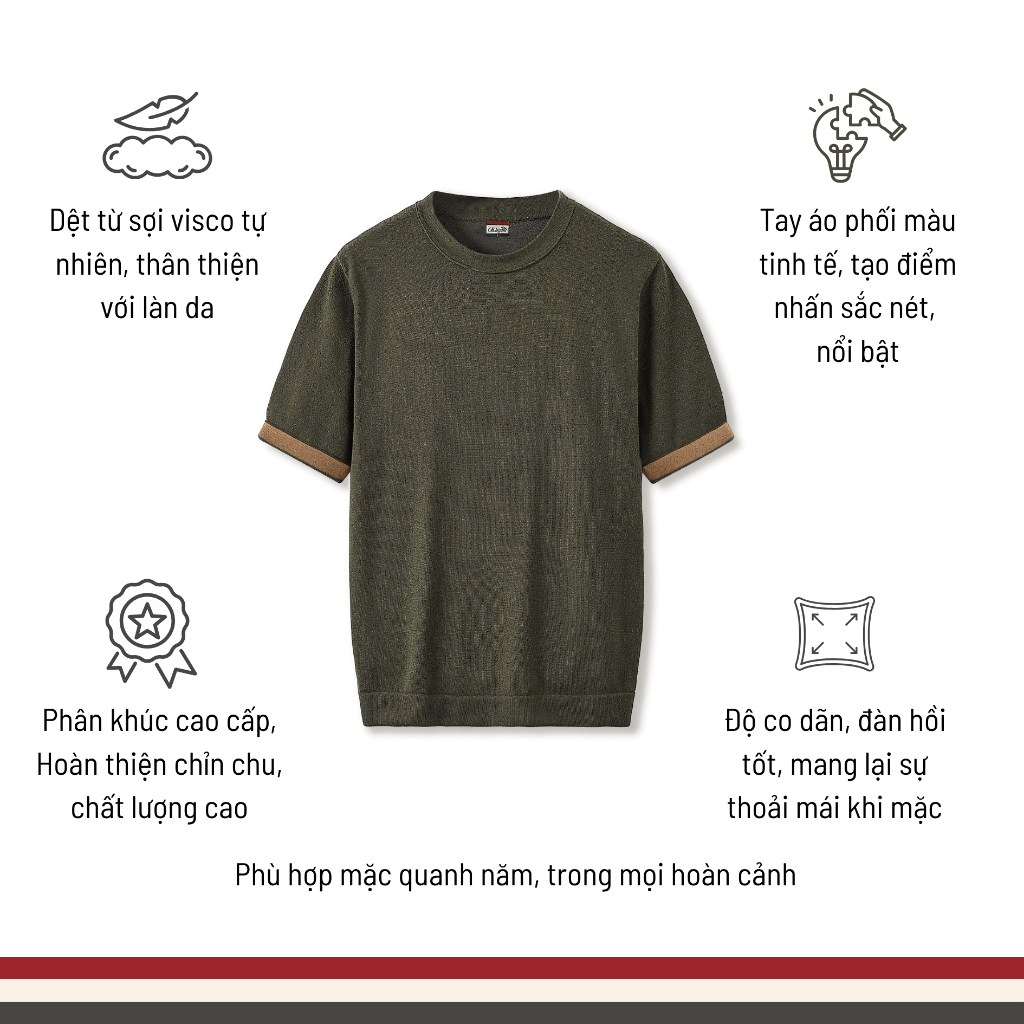 [WHY.NOT ELEGANT] Áo Dệt Kim Cao Cấp Cổ Tròn Phối Màu Tay Áo (Màu Olive) - Áo Nam Có Bigsize