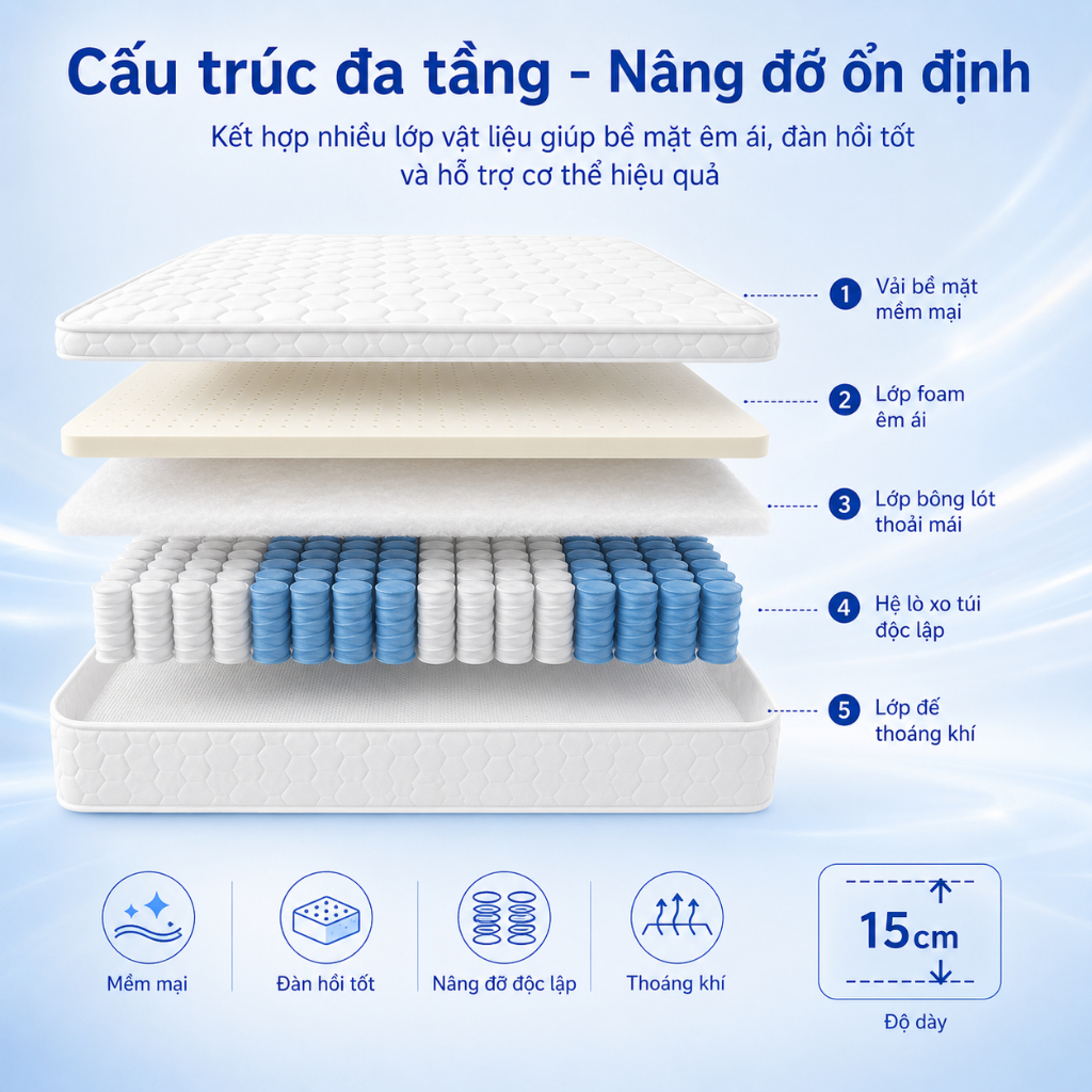 CONOCO Nệm Lò Xo Hybrid 15cm Êm Ái Nâng Đỡ Cột Sống Phù Hợp Phòng Ngủ