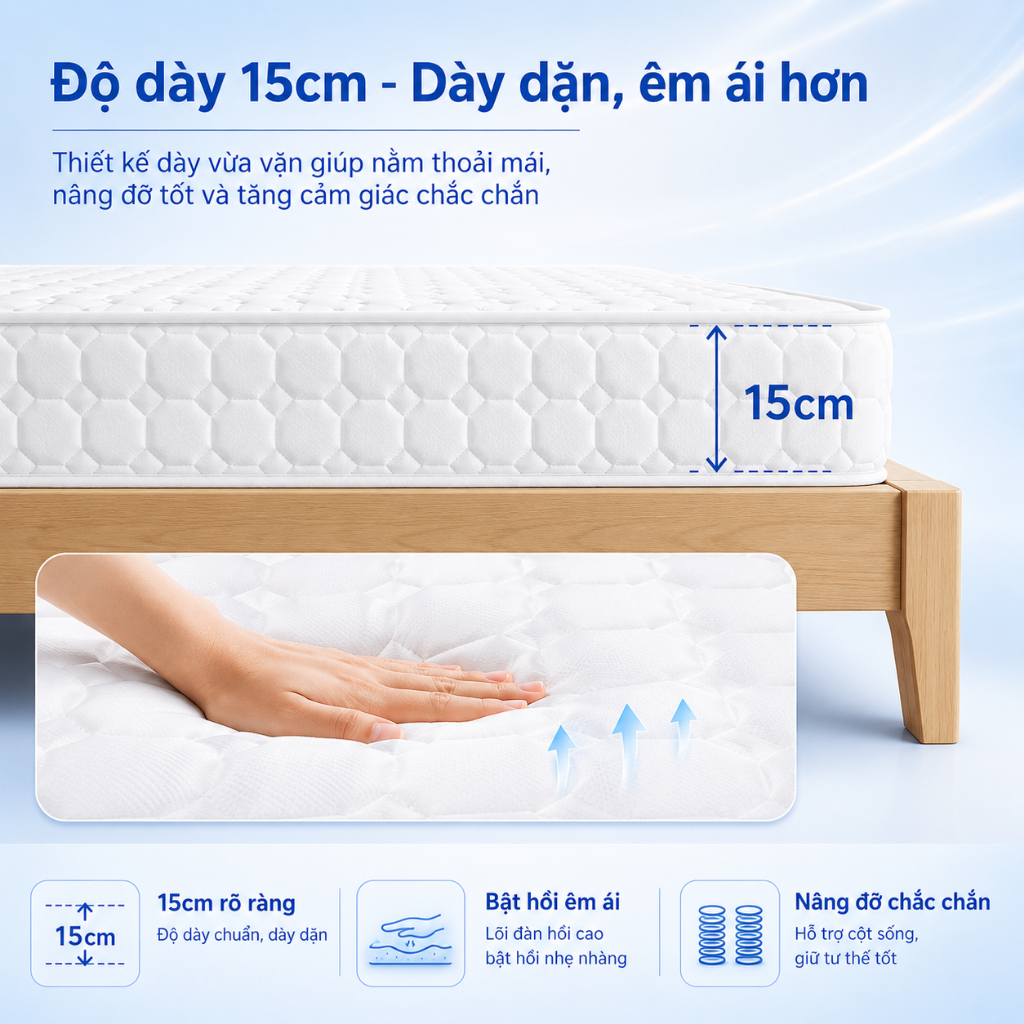 CONOCO Nệm Lò Xo Hybrid 15cm Êm Ái Nâng Đỡ Cột Sống Phù Hợp Phòng Ngủ
