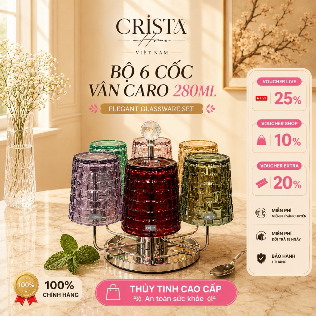Bộ 6 cốc Thủy Tinh Vân Caro Crista Home 280ml Cao Cấp – Hàng Chính Hãng – Dày Đẹp, An Toàn