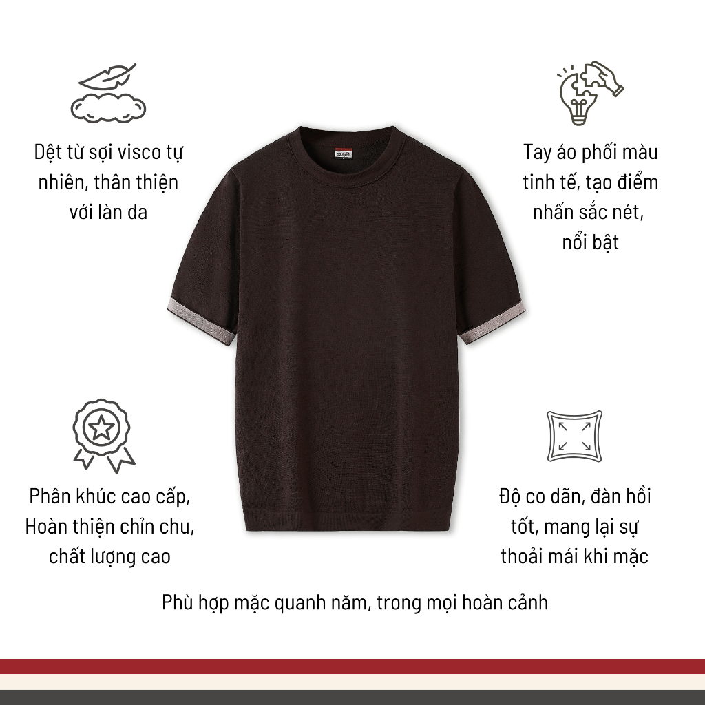 [WHY.NOT ELEGANT] Áo Dệt Kim Cao Cấp Cổ Tròn Phối Màu Tay Áo (Màu Nâu Đậm) - Áo Nam Có Bigsize