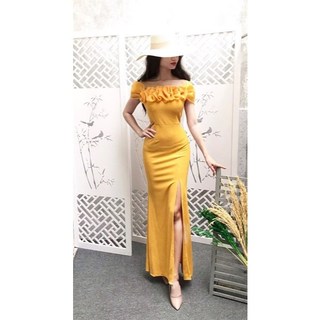 Đâm dạ hội bẹt vai váy dài maxi[damvaythietke] thiết kế bèo lục bình dự tiệc sang trọng đen, trắng, đỏ, vàng, hồng. M002