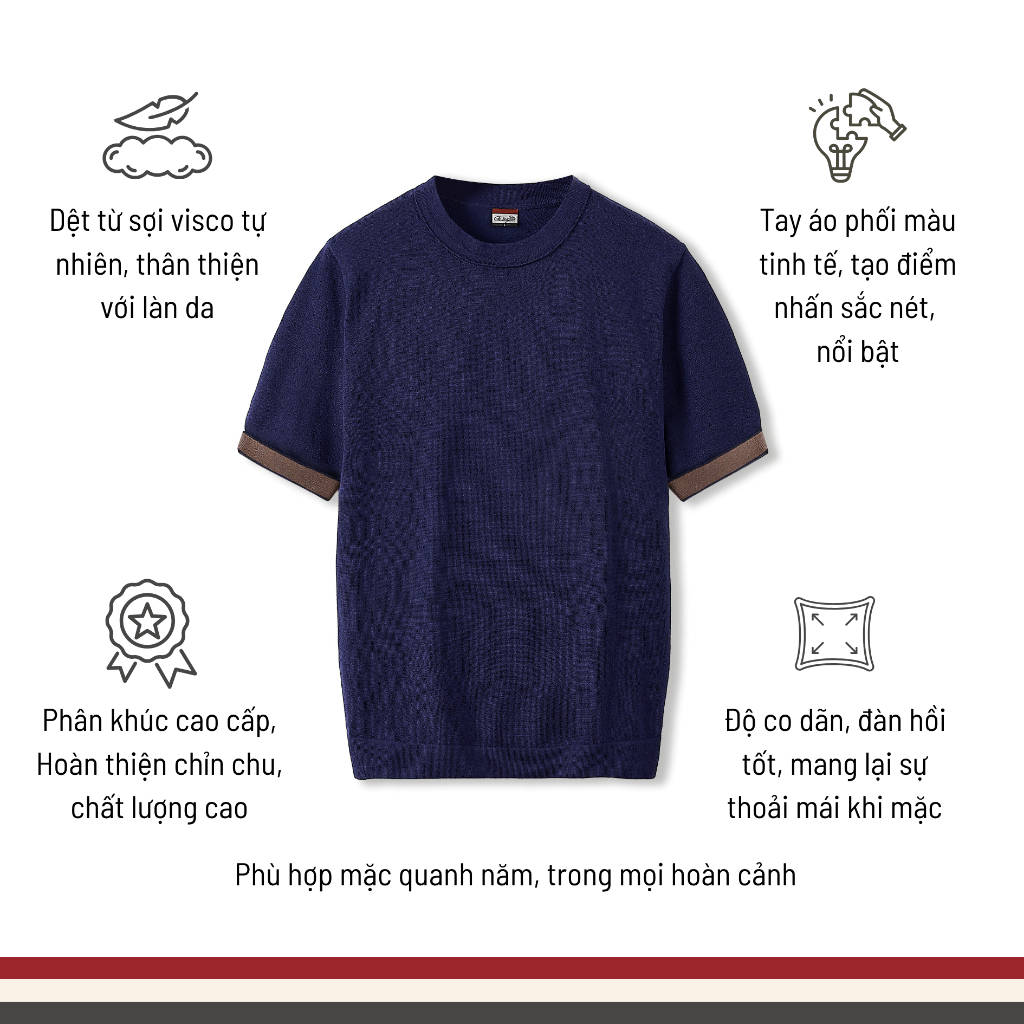 [WHY.NOT ELEGANT] Áo Dệt Kim Cao Cấp Cổ Tròn Phối Màu Tay Áo (Màu Xanh Navy) - Áo Nam Có Bigsize
