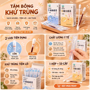 Tăm Bông Khử Trùng Cồn 70 Độ Và I Ốt Povidone Iodine 50 Cây / Tăm Bông Y Tế Sát Khuẩn Đóng Gói Riêng Tiện Lợi