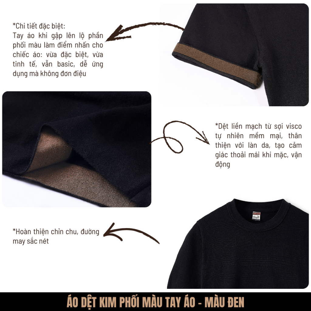 [WHY.NOT ELEGANT] Áo Dệt Kim Cao Cấp Cổ Tròn Phối Màu Tay Áo (Màu Đen) - Áo Nam Có Bigsize