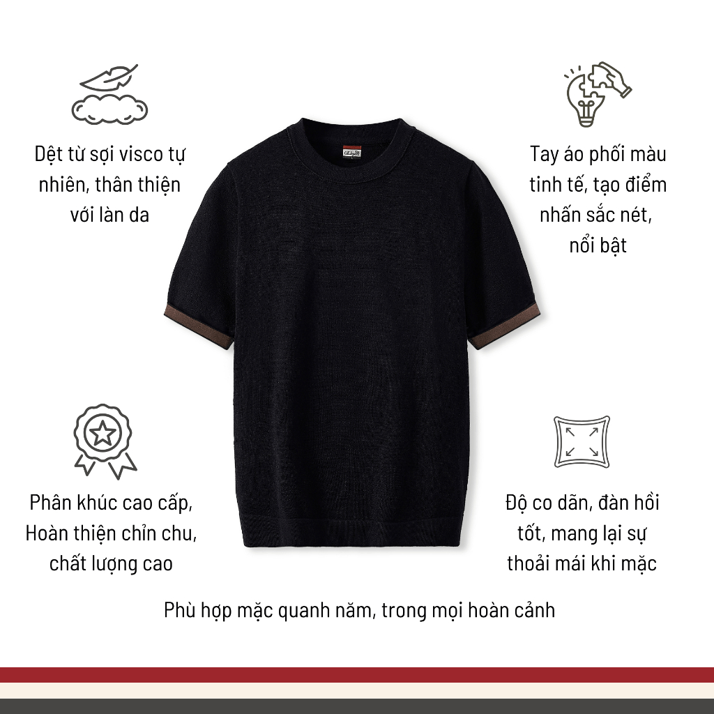 [WHY.NOT ELEGANT] Áo Dệt Kim Cao Cấp Cổ Tròn Phối Màu Tay Áo (Màu Đen) - Áo Nam Có Bigsize