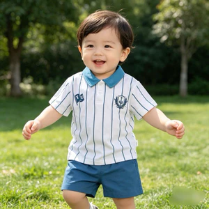 Bộ bé trai polo thể thao kẻ sọc huy hiệu Y25BT003 cho bé 9–25kg (80–130cm) năng động, thoáng mát