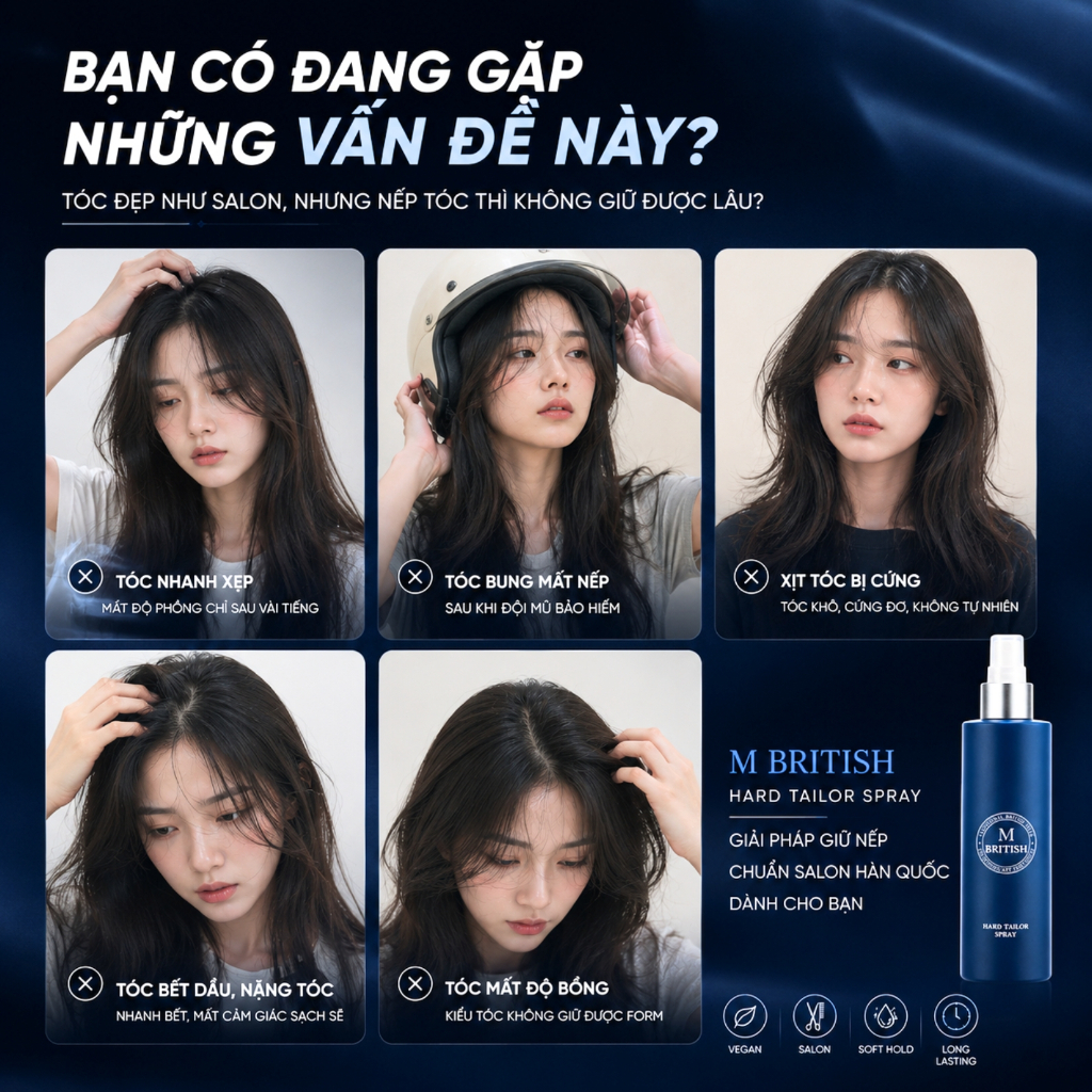 Gôm xịt tóc thuần chay tạo kiểu giữ nếp cứng cố định, không nặng tóc, cho nam nữ BRITISH M Hard Tailor Spray 250ml