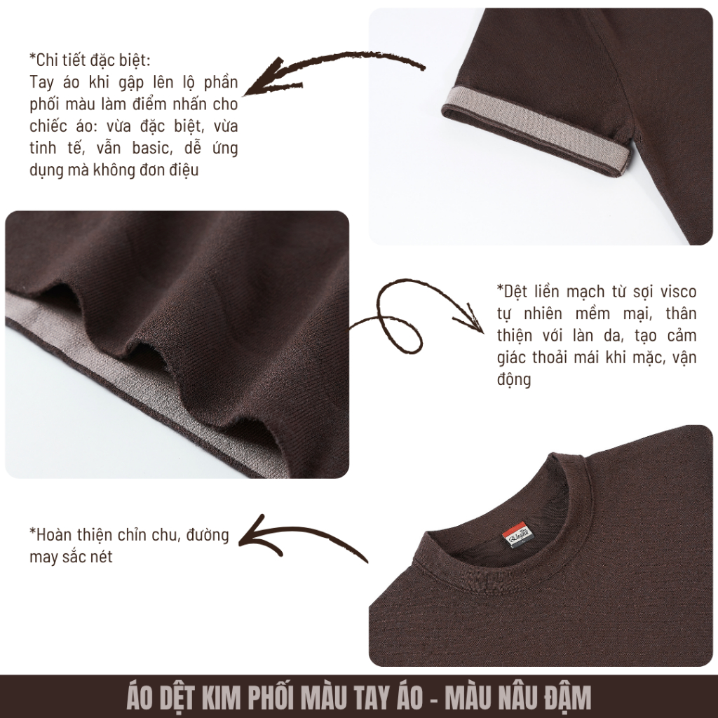 [WHY.NOT ELEGANT] Áo Dệt Kim Cao Cấp Cổ Tròn Phối Màu Tay Áo (Màu Nâu Đậm) - Áo Nam Có Bigsize