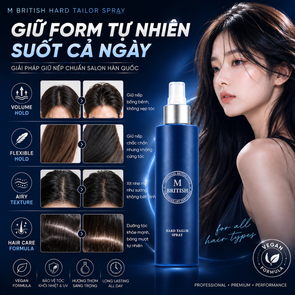 Gôm xịt tóc thuần chay tạo kiểu giữ nếp cứng cố định, không nặng tóc, cho nam nữ BRITISH M Hard Tailor Spray 250ml