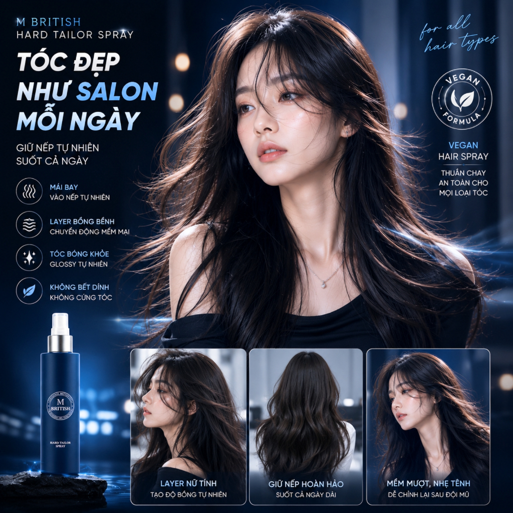 Gôm xịt tóc thuần chay tạo kiểu giữ nếp cứng cố định, không nặng tóc, cho nam nữ BRITISH M Hard Tailor Spray 250ml