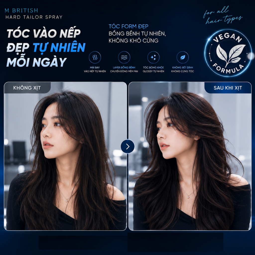 Gôm xịt tóc thuần chay tạo kiểu giữ nếp cứng cố định, không nặng tóc, cho nam nữ BRITISH M Hard Tailor Spray 250ml