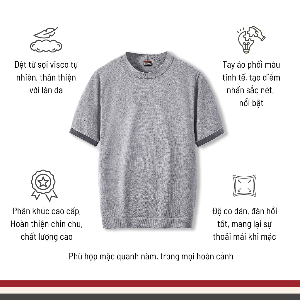 [WHY.NOT ELEGANT] Áo Dệt Kim Cao Cấp Cổ Tròn Phối Màu Tay Áo (Màu Xám Nhạt) - Áo Nam Có Bigsize