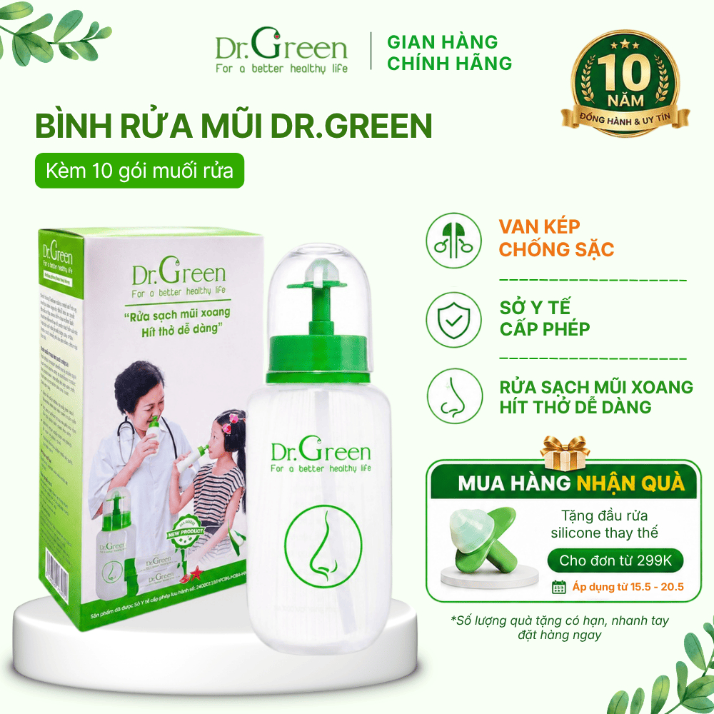 [HỎA TỐC] Bình rửa mũi VAN KÉP CHỐNG SẶC 240ml DR GREEN cho người lớn và trẻ từ 1 tuổi - Kèm 10 gói muối biển nha đam