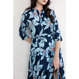 SWANLAKE | Váy Đầm Nữ Dây Thắt Eo Cổ Trụ Cài Nút Tay Lỡ Vải Linen Bông Họa Tiết Hoa Lá Mùa Hè D11041