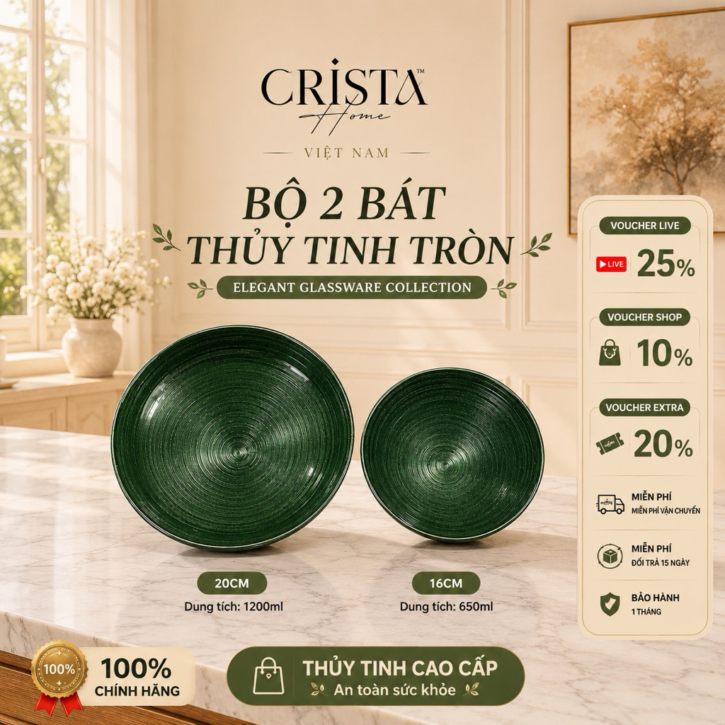 Bộ 2 Bát Thủy Tinh Tròn Crista Home 4.5L + 2.2L – Bát Tô Trộn Salad Cao Cấp Chuẩn Châu Âu