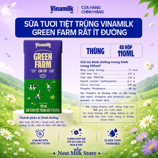 Sữa Tươi Tiệt Trùng Vinamilk Green Farm ít đường Thùng 48 Hộp x 110ml