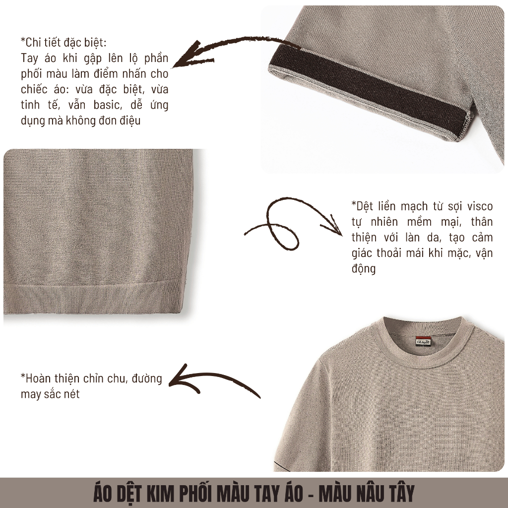 [WHY.NOT ELEGANT] Áo Dệt Kim Cao Cấp Cổ Tròn Phối Màu Tay Áo (Màu Nâu Tây) - Áo Nam Có Bigsize