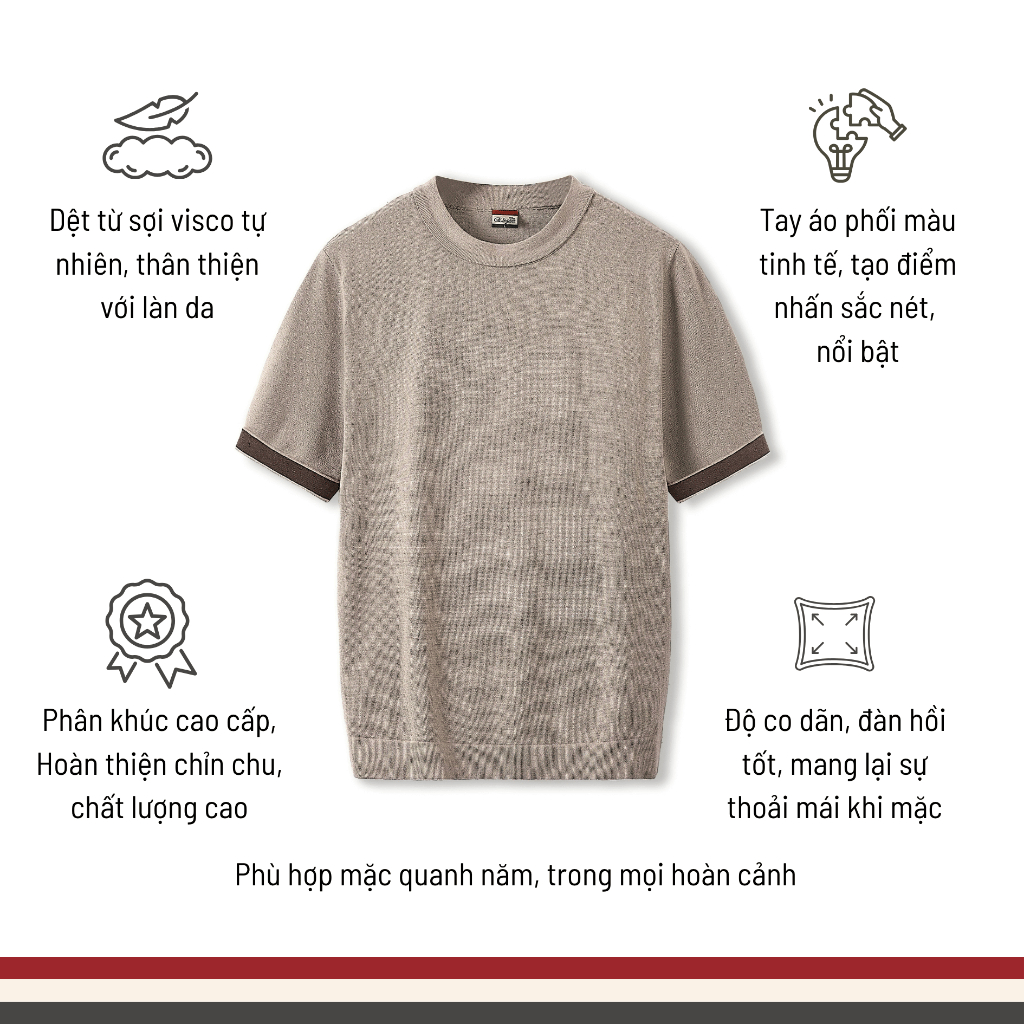 [WHY.NOT ELEGANT] Áo Dệt Kim Cao Cấp Cổ Tròn Phối Màu Tay Áo (Màu Nâu Tây) - Áo Nam Có Bigsize