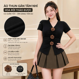 Áo Kiểu Bigsize Nữ Áo Thun Tay Ngắn Vạt Chéo Ôm Body Đính Hoa Tiểu Thư Cổ Tim A275