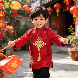 Áo dài bé trai J2933 ốp Đồng Tâm kết dây khánh sang xịn – áo dài Tết trẻ em size 1-10Y (10-40kg)