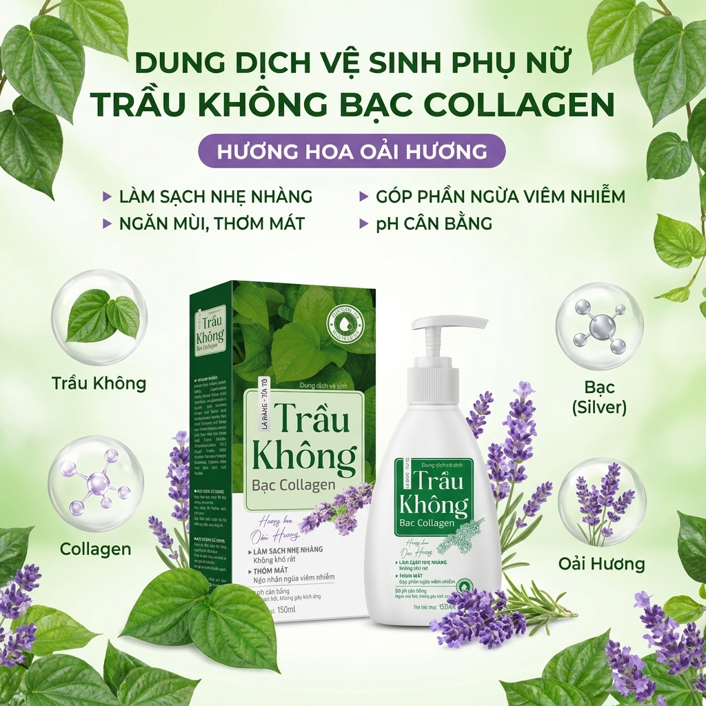 Dung Dịch Vệ Sinh Lá Bàng Tía Tô Trầu Không Bạc Collagen - Hương Oải Hương Chai 150ml [ TG Xanh ]