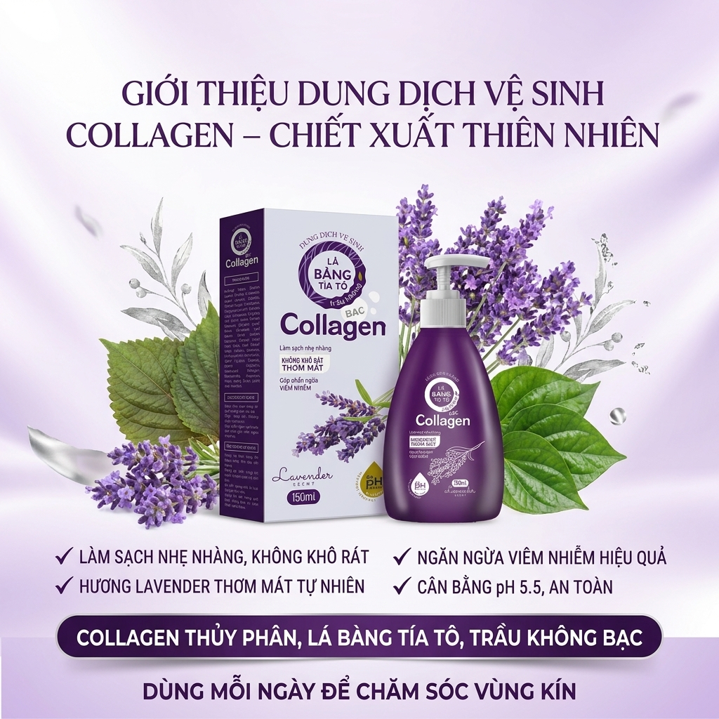 Dung Dịch Vệ Sinh Lá Bàng Tía Tô Trầu Không Bạc Collagen - Hương Lavender, pH 5.5 Chai 150ml [ Tím TG ]