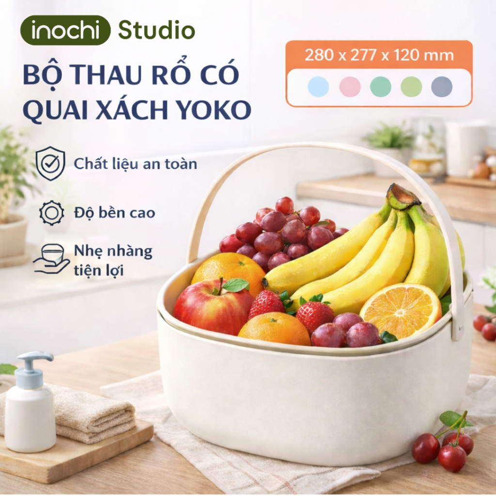 inochi Bộ thau rổ có quai xách Yoko 27cm, nhựa nguyên sinh cao cấp, kháng khuẩn, an toàn sức khỏe.