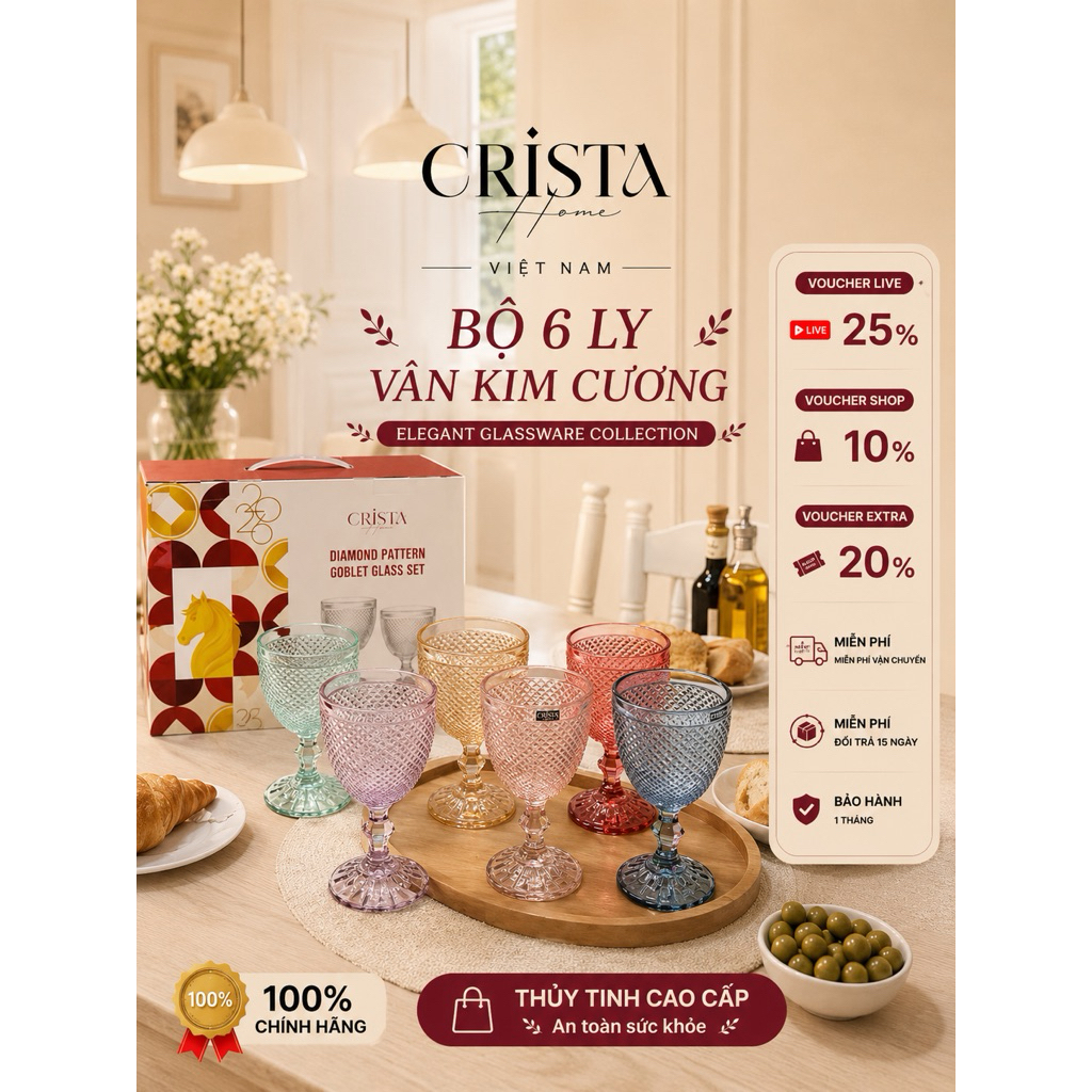 🌈 BỘ 6 LY VÂN KIM CƯƠNG CRISTA HOME 300ML – MIX MÀU PASTEL CAO CẤP