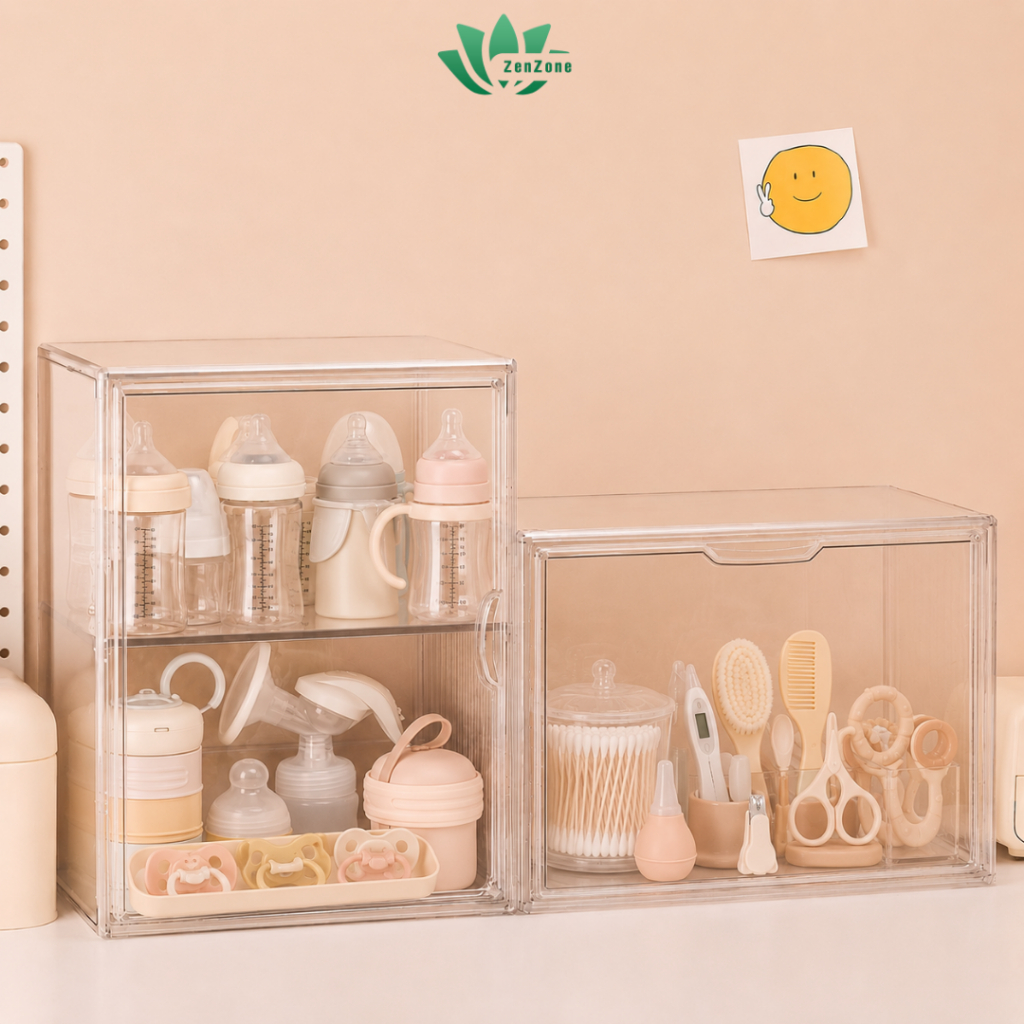 Tủ nhựa 2 tầng trong suốt đựng bình sữa Zenzone, đồ dùng cho bé, decor nhà cửa Hộp tủ đựng bình sữa