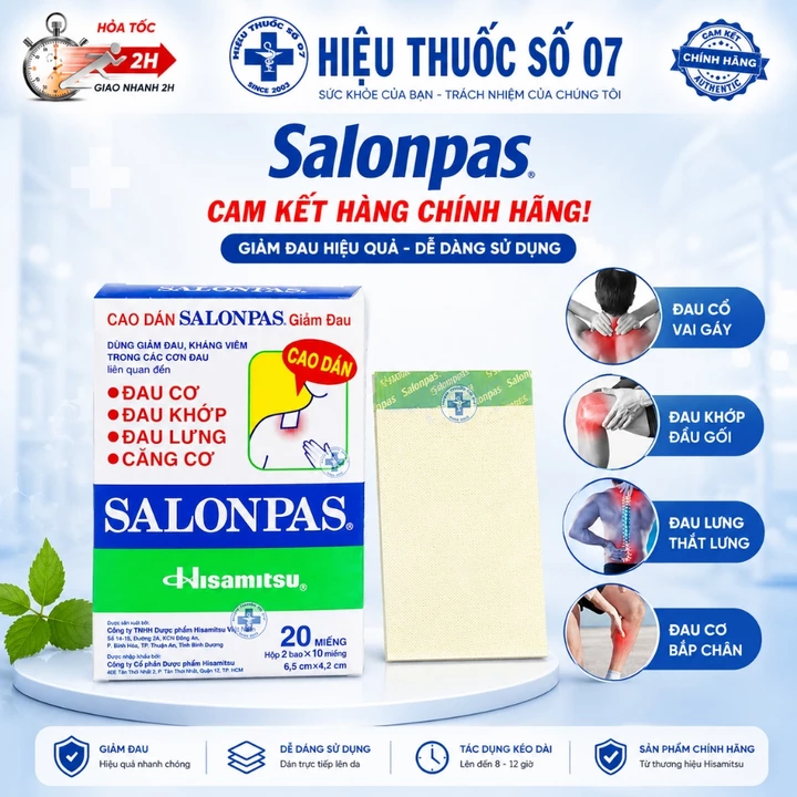 Cao dán Salonpas miếng dán giảm đau nhức, mỏi cơ, xương khớp, Hộp 10 miếng - 40 miếng (Date xa)