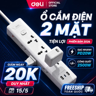 Ổ Cắm Điện 2 Mặt DELI, Ổ Cắm Điện Tam Giác Đa Năng Kết Hợp Cổng USB Sạc Nhanh 2026