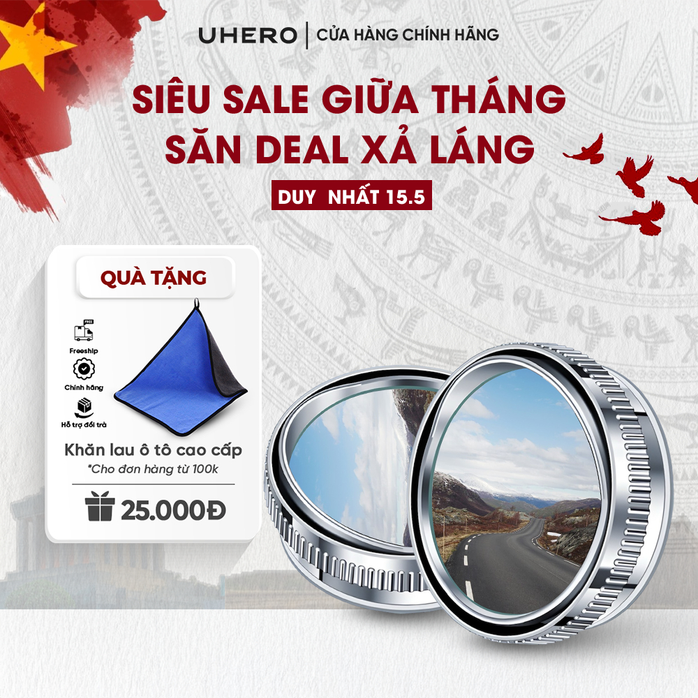 Cặp 2 gương cầu lồi ô tô UHERO góc rộng xoay 360 xoá điểm mù, đế hút chân không cực chắc chắn GCL01