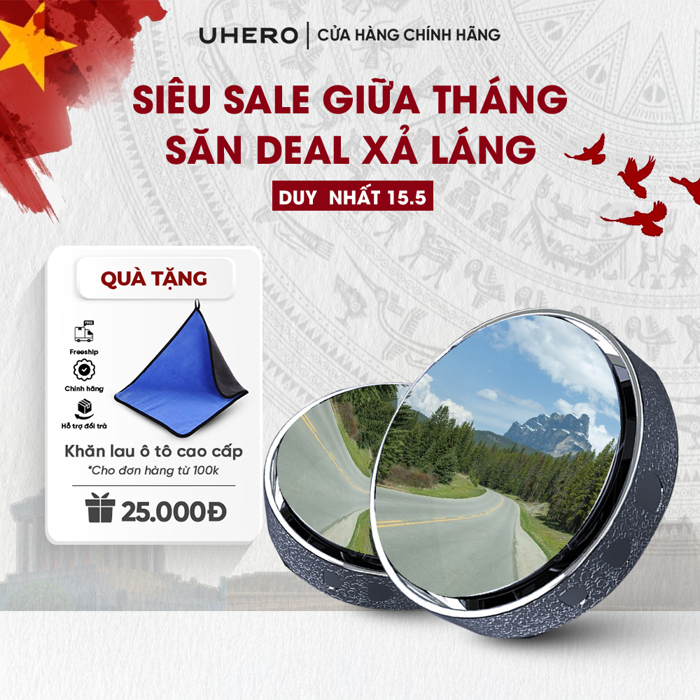 Gương cầu lồi ô tô xoay 360 UHERO GCL03 góc rộng gắn kính hậu cực chắc chắn xoá điểm mù, đế hút