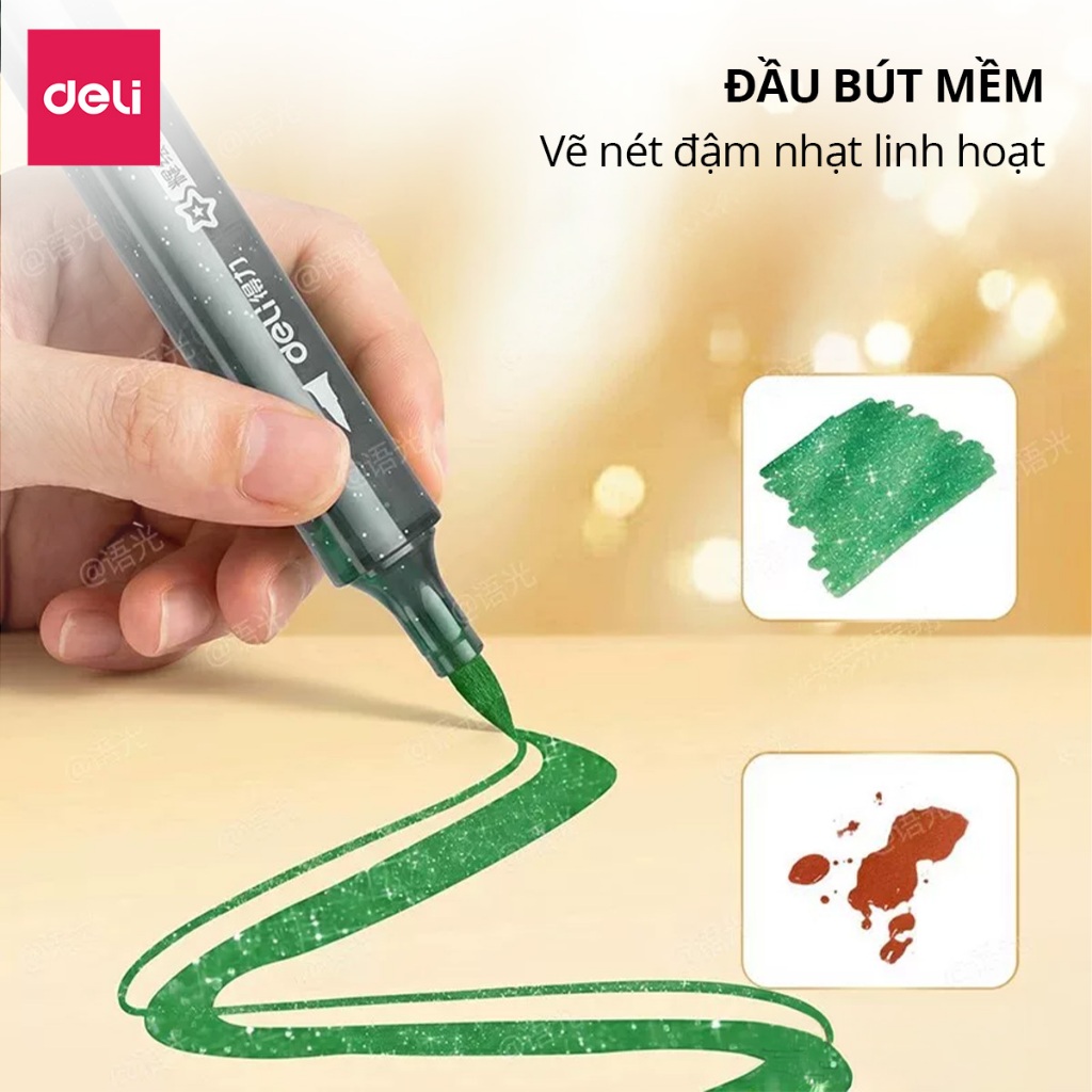 Bút Marker Nhũ Deli Thân Tam Giác - Hộp PP 12/24/36/48 Màu Mực Nhũ Lấp Lánh Vẽ Tranh Decor