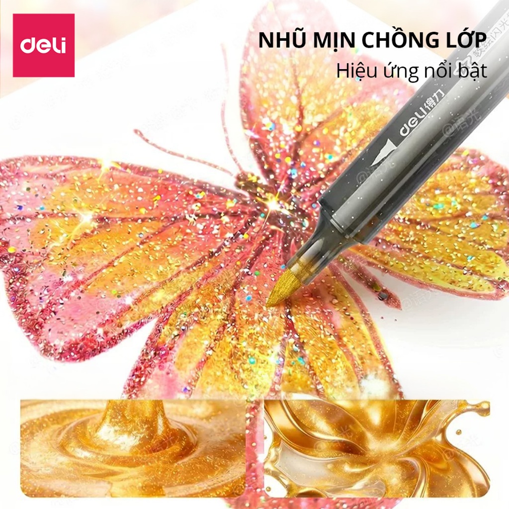 Bút Marker Nhũ Deli Thân Tam Giác - Hộp PP 12/24/36/48 Màu Mực Nhũ Lấp Lánh Vẽ Tranh Decor