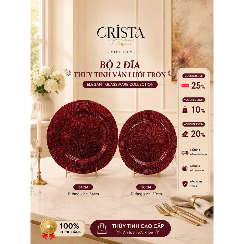 BỘ 2 ĐĨA THỦY TINH VÂN LƯỚI TRÒN CRISTA HOME 34CM + 30CM HÀNG CHÍNH HÃNG