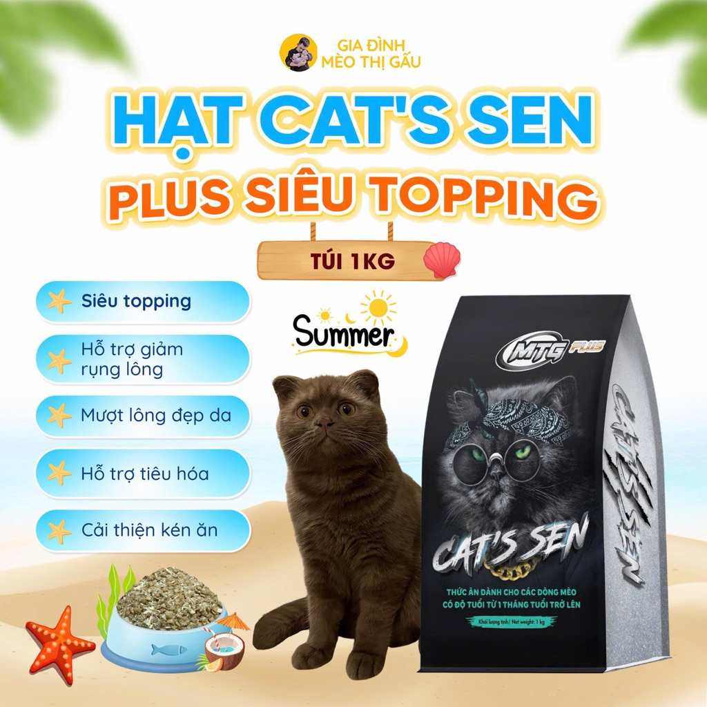 Hạt cho mèo CAT’S SEN PLUS túi 1KG topping ruốc gà, hỗ trợ tăng cân ...