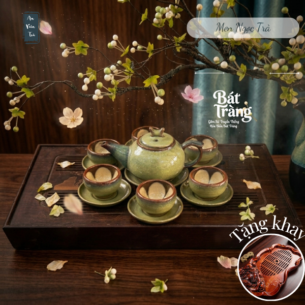 Bộ ấm chén Men Ngọc Trà Cổ Bát Tràng cao cấp - Men hỏa biến - Đủ phụ kiện Dáng ấm thượng tân kiều