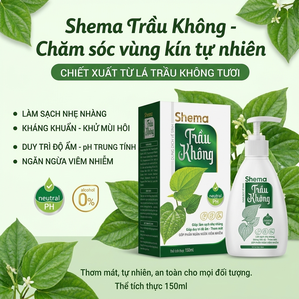 Dung Dịch Vệ Sinh Phụ Nữ Shema Trầu Không Chai 150ml - Kháng Khuẩn, Giảm Nấm Ngứa, Ngừa Viêm Nhiễm