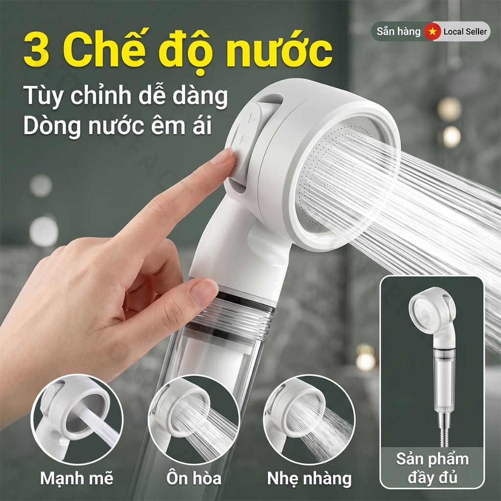 Vòi Hoa Sen Tắm Cho Bé Lọc Nước Tăng Áp 3 Chế Độ Dòng Nước Êm Ái Lõi Lọc PP Kháng Khuẩn Chăm Sóc Da Nhạy Cảm Cao Cấp