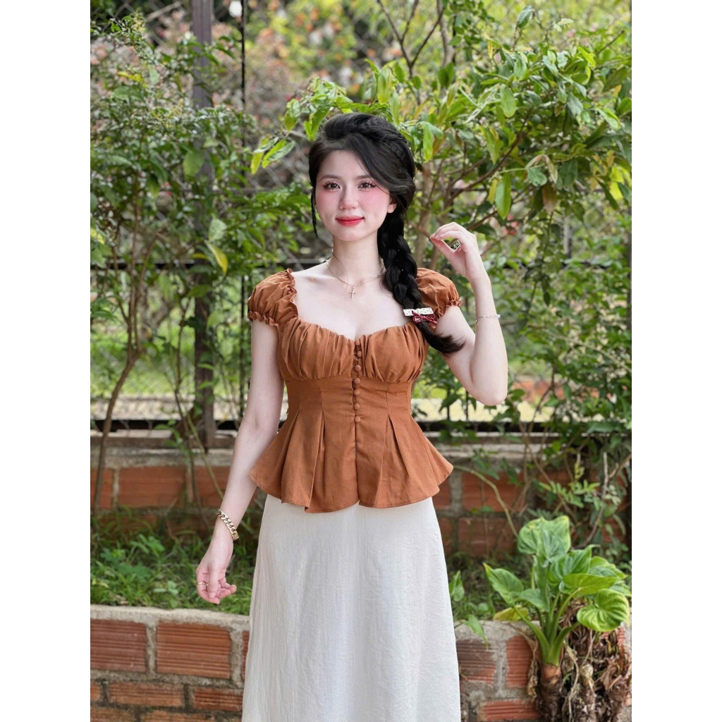 Set Bộ Nữ Chất Cotton Hàn Áo Kiểu Peplum Smocking Lưng Mix Chân Váy Dài Chữ A Dạo Phố Kiểu Nàng Thơ Đà Lạt