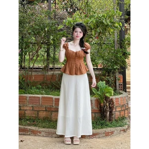 Set Bộ Nữ Chất Cotton Hàn Áo Kiểu Peplum Smocking Lưng Mix Chân Váy Dài Chữ A Dạo Phố Kiểu Nàng Thơ Đà Lạt