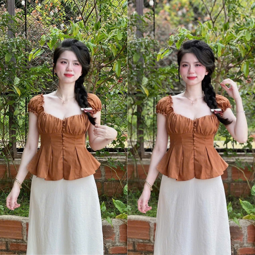 Set Bộ Nữ Chất Cotton Hàn Áo Kiểu Peplum Smocking Lưng Mix Chân Váy Dài Chữ A Dạo Phố Kiểu Nàng Thơ Đà Lạt