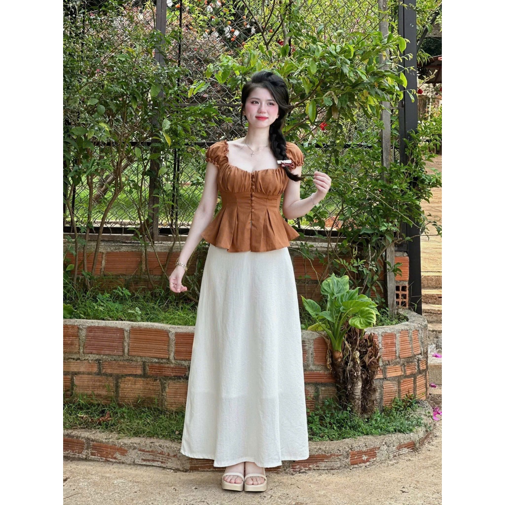 Set Bộ Nữ Chất Cotton Hàn Áo Kiểu Peplum Smocking Lưng Mix Chân Váy Dài Chữ A Dạo Phố Kiểu Nàng Thơ Đà Lạt