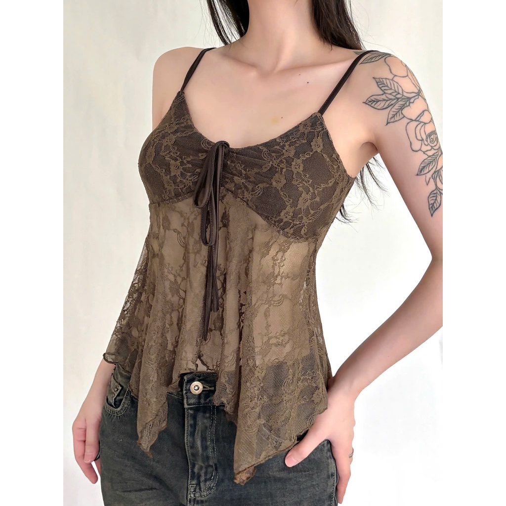 Áo hai dây ren sẵn mút đệm gấu tua rua phong cách boho màu nâu đen trắng AHD019 - Tiktik