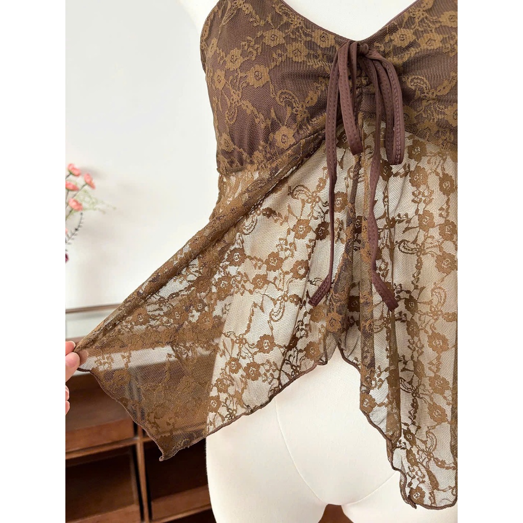 Áo hai dây ren sẵn mút đệm gấu tua rua phong cách boho màu nâu đen trắng AHD019 - Tiktik