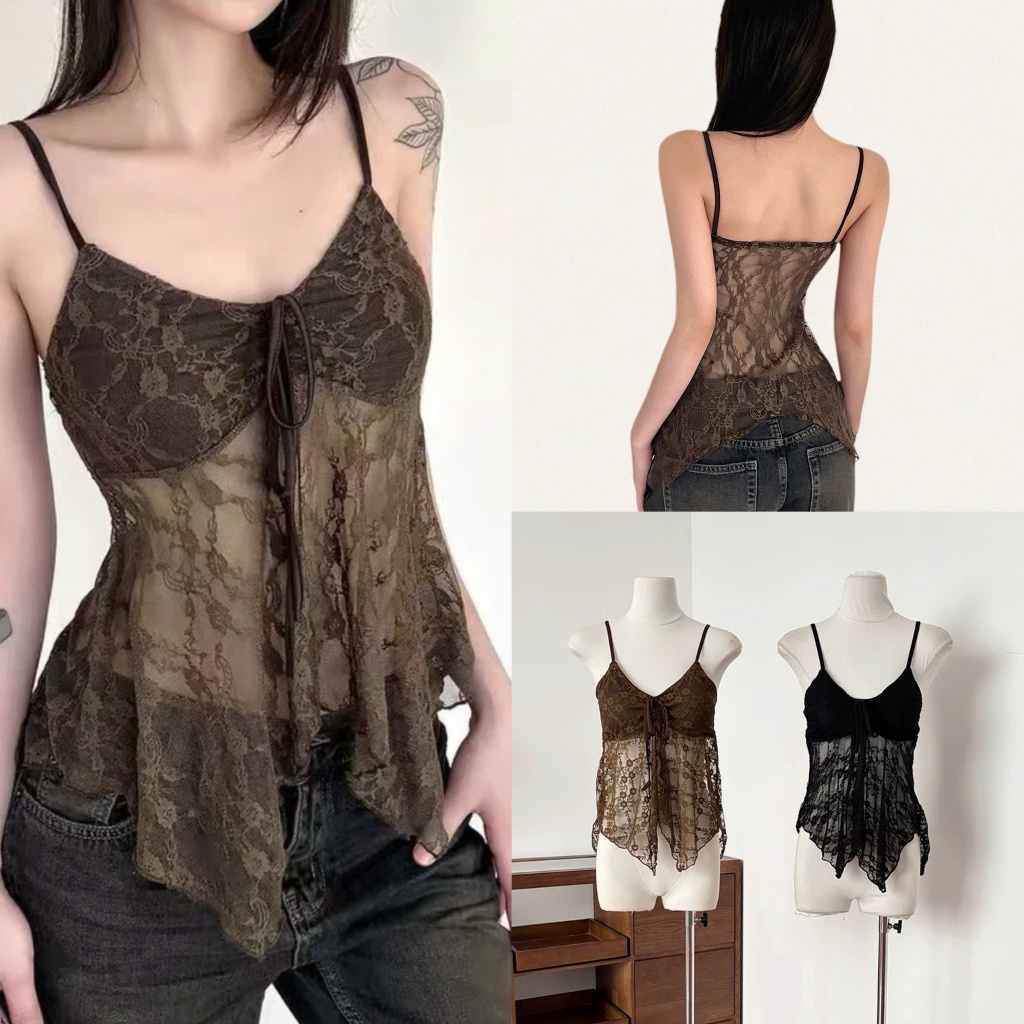 Áo hai dây ren sẵn mút đệm gấu tua rua phong cách boho màu nâu đen trắng AHD019 - Tiktik