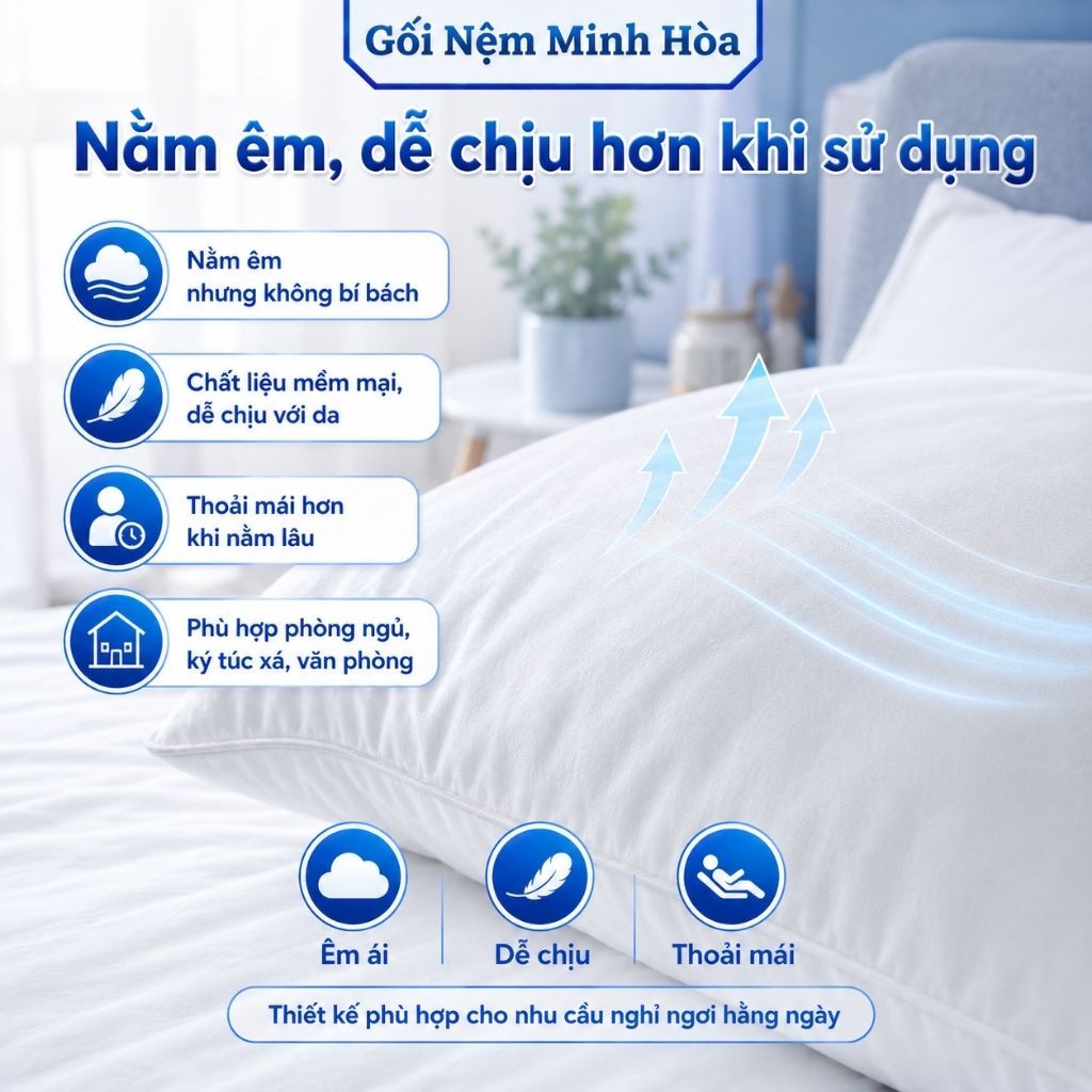 [Combo 2 Gối] Gối Hơi Bông Gòn - Êm Ái, Thoải Mái, Hỗ Trợ Giấc Ngủ, An Toàn Cho Da, Kích Thước 40cm x 60cm