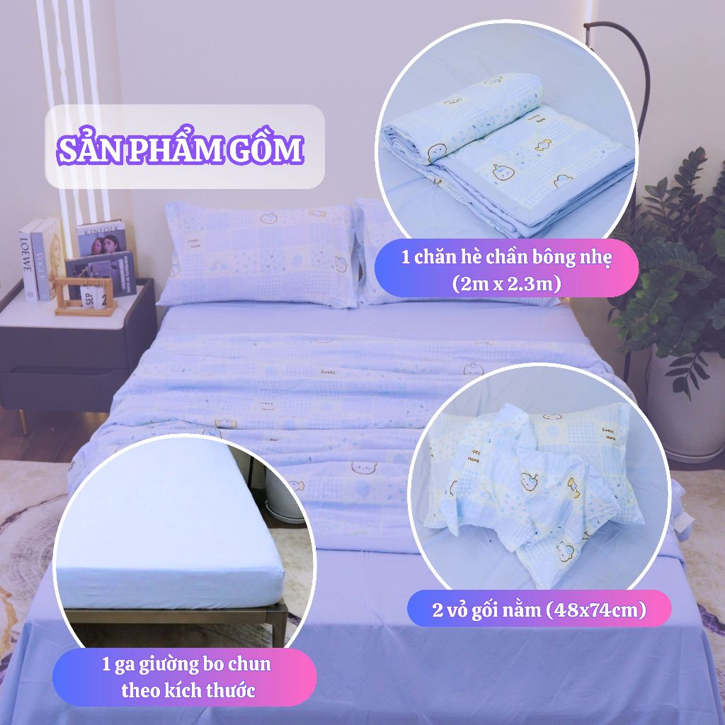 Bộ Chăn Ga Gối Cotton Lụa Cao Cấp – Mịn Mướt Thoáng Mát, Set 4 Món, Chăn Hè Chần Bông
